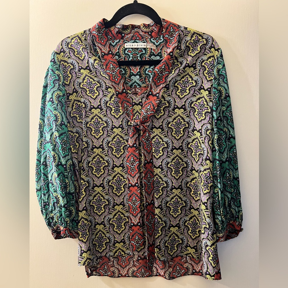 Alice + Olivia Red, Green, and Black Patterned Blouse